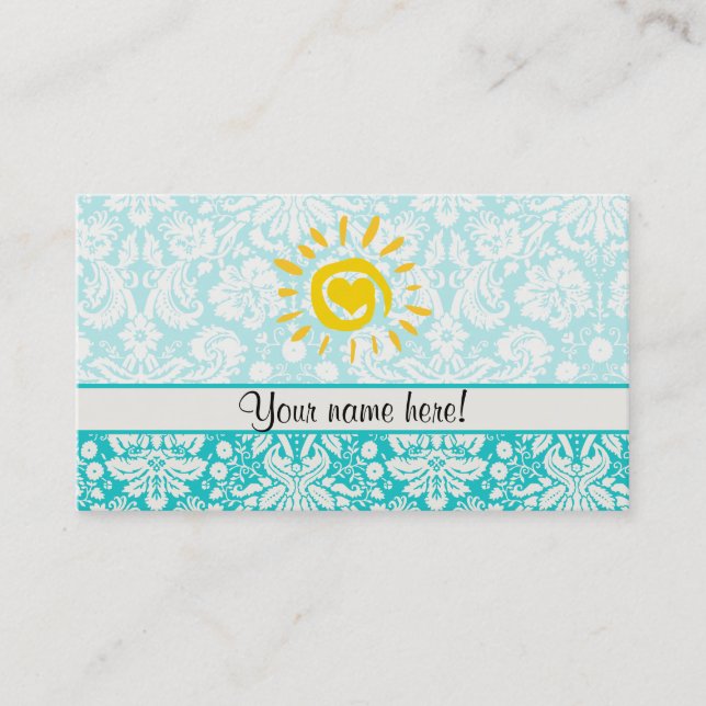 Cute Sol; Teal Damask Visitkort (Framsida)