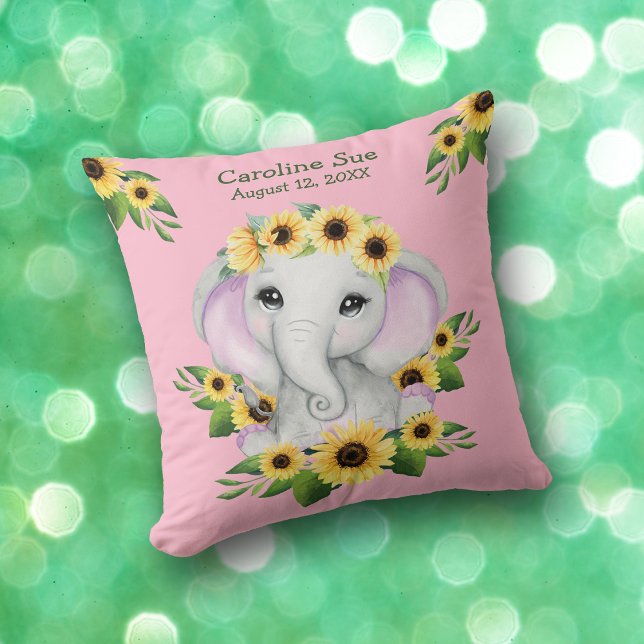 Cute Solros Baby Elephant Girl Dekorativ kudde (Skapare uppladdad)