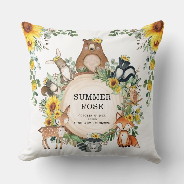 Cute Solros Woodland Animals Girl Nursery Decor Kudde (Framsida)
