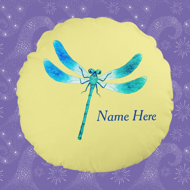 Cute som Kryp Blue Grönt Dragonfly på Light Gult Rund Kudde (Skapare uppladdad)