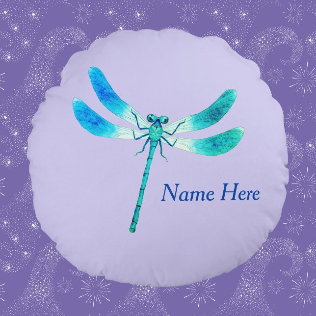 Cute som Kryp Blue Grönt Dragonfly på Violet Rund Kudde (Skapare uppladdad)