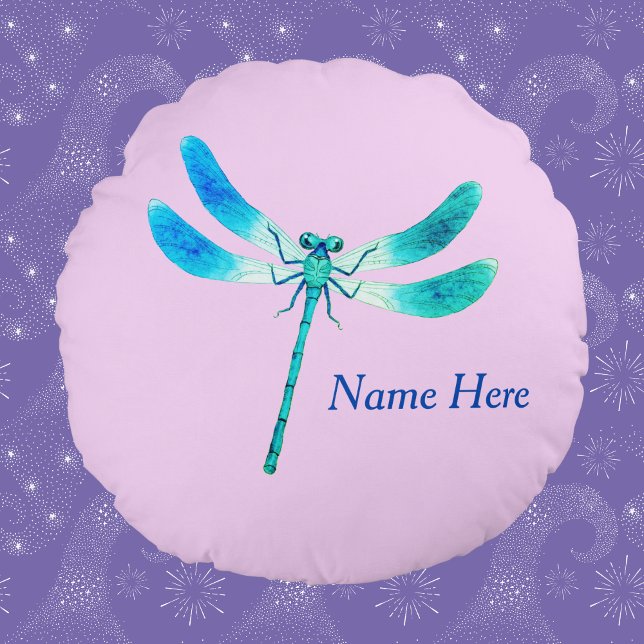 Cute som Kryp Blue Grönt Dragonfly vid Rosa Rund Kudde (Skapare uppladdad)