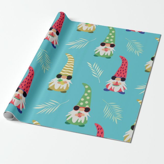 Cute Sommargnomer som håller frukt mönster Presentpapper (Utrullad)