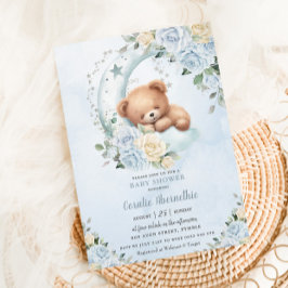 Cute Sömnig Bear Måne Blue Blommigt Boy Shower Inbjudningar