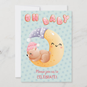 Cute Sömnig Bear på Måne Baby Shower Inbjudningar
