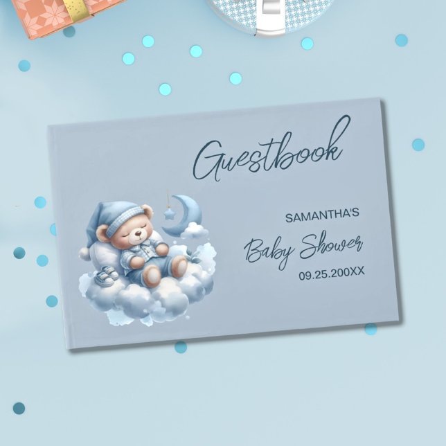 Cute sömnig björndusch i pojke gästböcker (Little bear baby boy Baby shower guestbook)