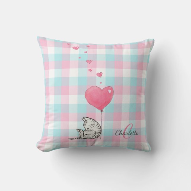 Cute Sömnig Cat Rosa Blue Monogram  Kudde (Framsida)