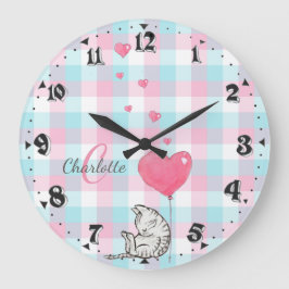 Cute Sömnig Cat Rosa Blue Monogram Stor Klocka