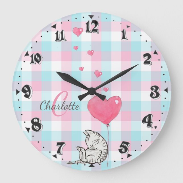 Cute Sömnig Cat Rosa Blue Monogram Stor Klocka (Framsida)