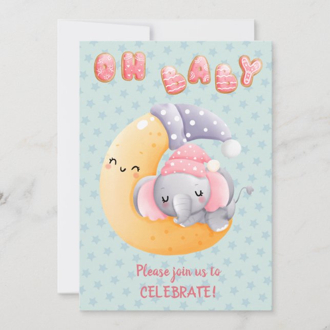Cute Sömnig elefant på Måne Baby Shower Inbjudningar (Framsida)