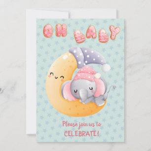 Cute Sömnig elefant på Måne Baby Shower Inbjudningar