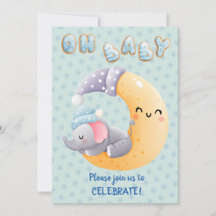 Cute Sömnig elefant på Måne Pojke Shower Inbjudningar