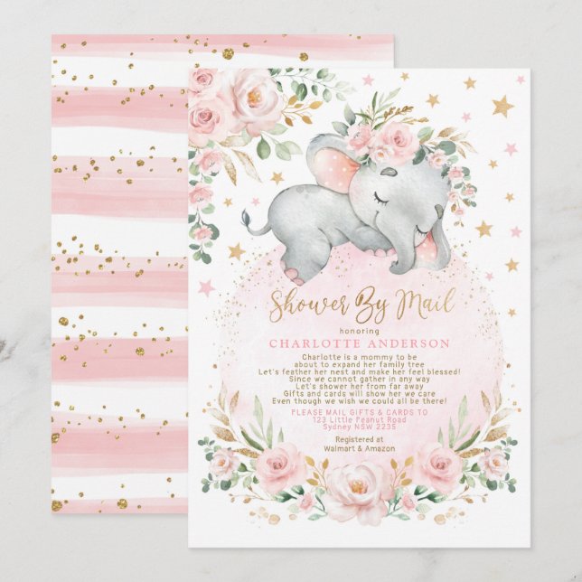 Cute Sömnig Elephant Rosa Guld Baby Shower by Mail Inbjudningar (Fram/baksida)