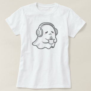 Cute Sömnig Ghost med kaffe   ENDAST VITA T Shirt