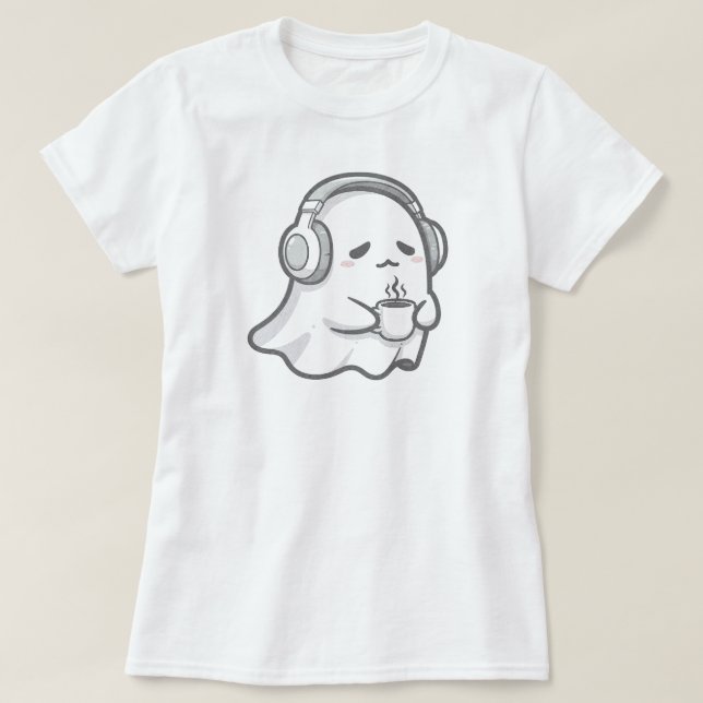 Cute Sömnig Ghost med kaffe | ENDAST VITA T Shirt (Design framsida)