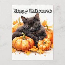 Cute Sömnig Little Black Halloween Kitten Vykort