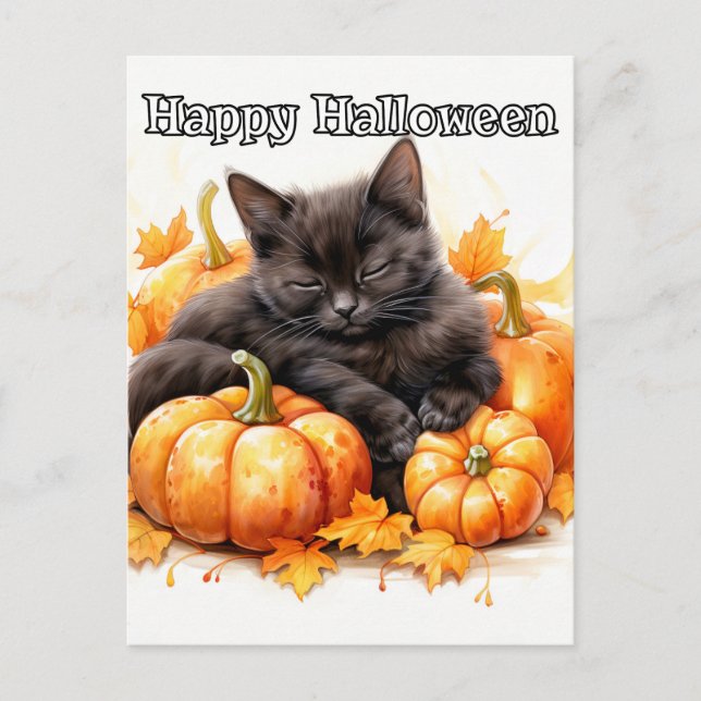 Cute Sömnig Little Black Halloween Kitten Vykort (Framsida)