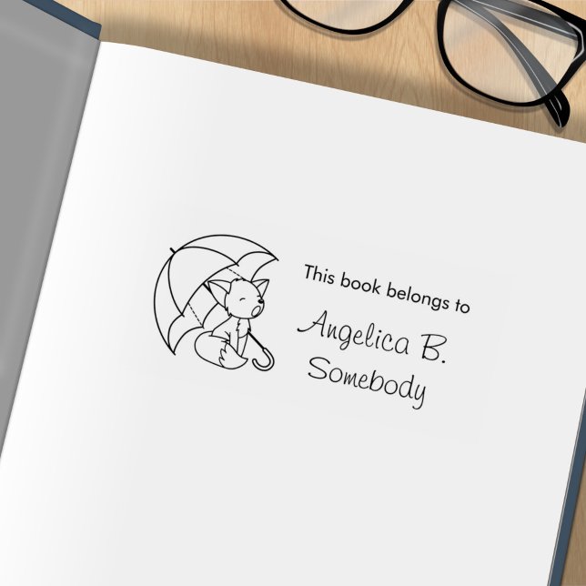 Cute Sömnig Little Fox under Parbrella Bookplate Stämpel (Skapare uppladdad)