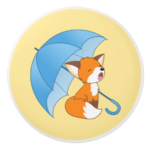 Cute Sömnig Little Fox under Parbrella på Gult Knopp