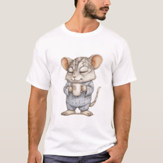 Cute Sömnig Mouse i Pajamas Holding Coffee Mugg - T Shirt