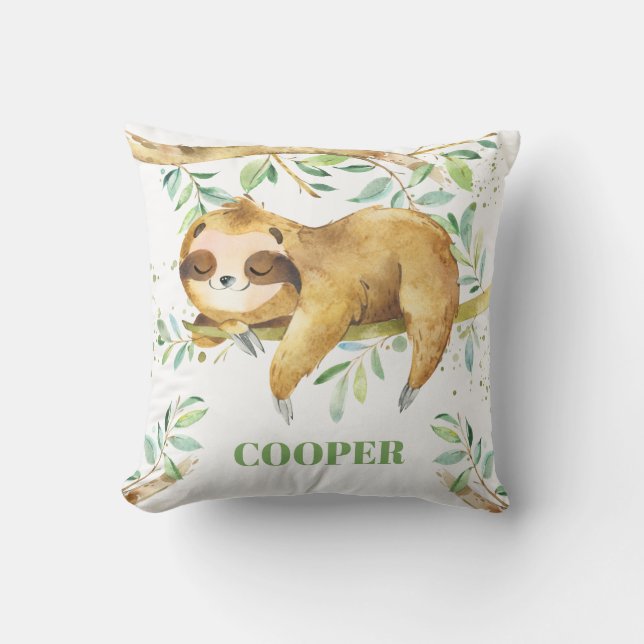Cute Sömnig Sloth Forest Greenery Boy Nursery Kudde (Framsida)