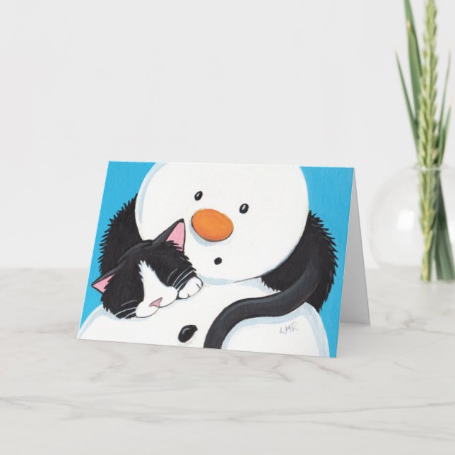 Cute Sömnig Tuxedo Cat och Snögubbe julkort Helgkort (Framsida)