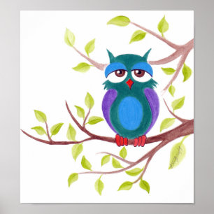 Cute sömnig uggla på en träd-Tecknad Poster