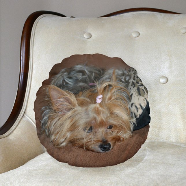 Cute Sömnig Yorkshire Terrier Yorkie Puppy Rund Kudde (Skapare uppladdad)