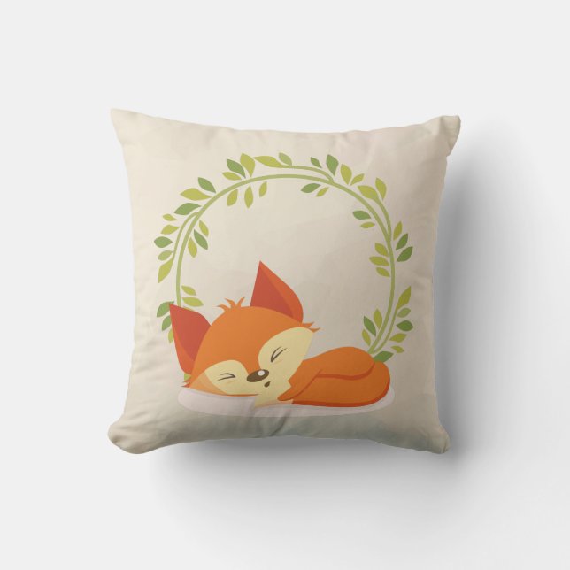 Cute Sömpande Orange Fox med Grönt Löv Utandning Kudde (Framsida)