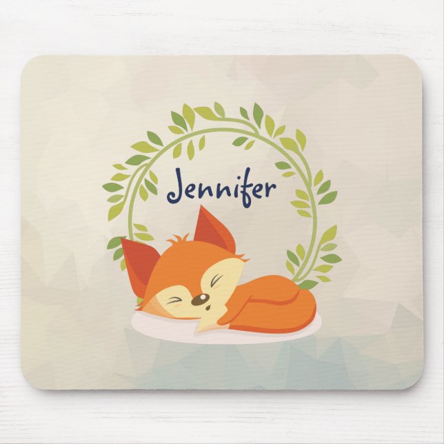 Cute Sömpande Orange Fox med Grönt Löv Utandning Musmatta (Framsidan)