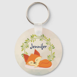 Cute Sömpande Orange Fox med Grönt Löv Utandning Nyckelring