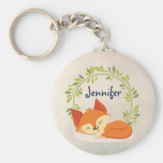 Cute Sömpande Orange Fox med Grönt Löv Utandning Nyckelring (Framsidan)