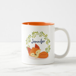 Cute Sömpande Orange Fox med Grönt Löv Utandning Två-Tonad Mugg