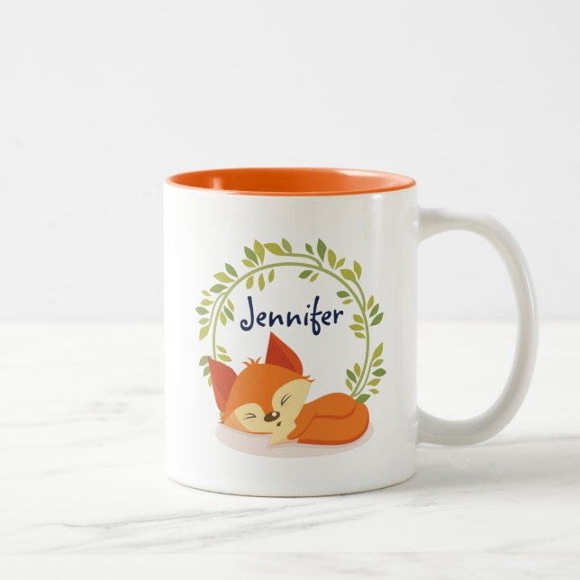 Cute Sömpande Orange Fox med Grönt Löv Utandning Två-Tonad Mugg (Höger)