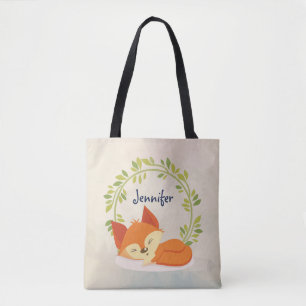 Cute Sömpande Orange Fox med Grönt Löv Utandning Tygkasse