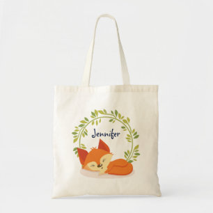 Cute Sömpande Orange Fox med Grönt Löv Utandning Tygkasse