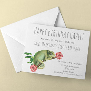 Cute Söt Chameleon Blommigt 8th Barns födelsedag Inbjudningar
