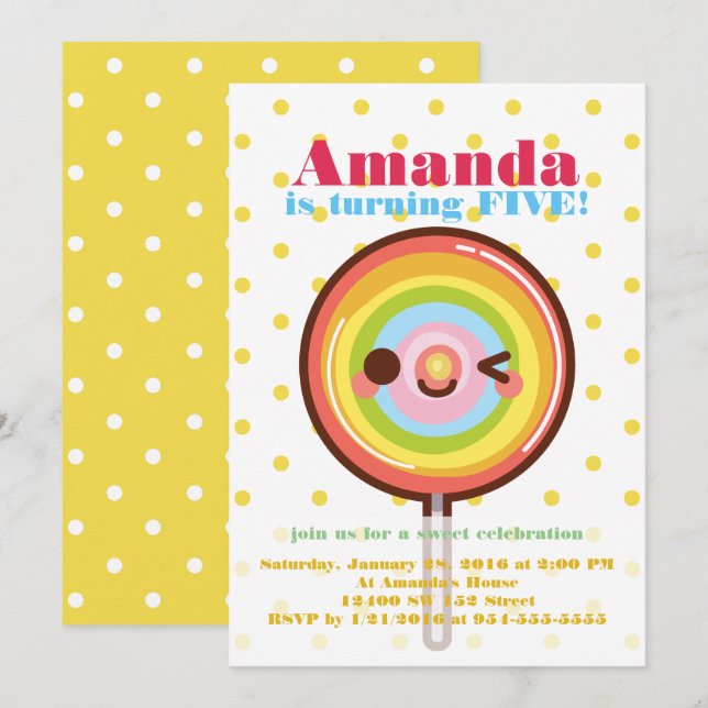 Cute söt Rinbows Lollipop-födelsedag Inbjudningar (Fram/baksida)