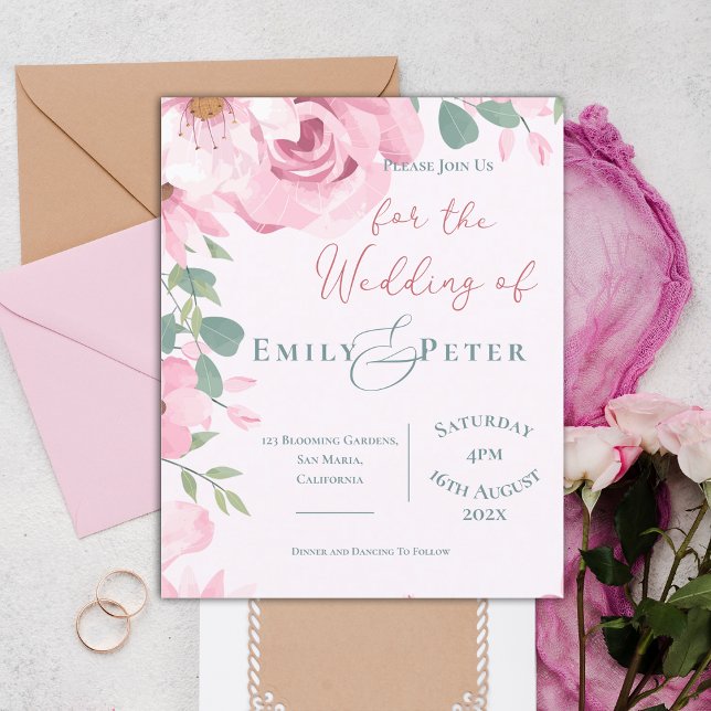 Cute Söt  Rosa Blommigts bröllopsinbjudan (Cute Pretty Blush Pink Florals Wedding invitation)