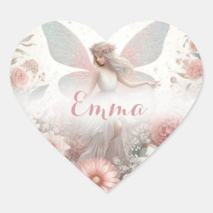 Cute Söt Rosa Fairy with Hearts Hjärtformat Klistermärke