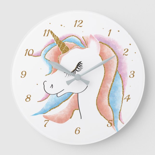 Cute Söt Unicorn Pastel Guld Glitter Stor Klocka (Framsida)