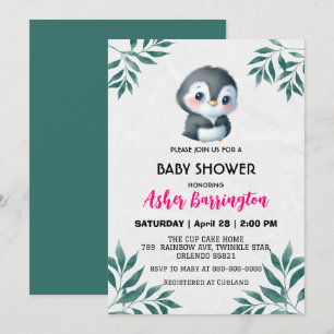 Cute Söta pingviner Vår Löv babyduschbarn Inbjudningar