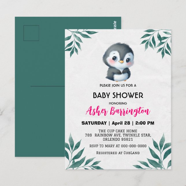 Cute Söta pingviner Vår Löv babyduschbarn Vykort (Fram/baksida)
