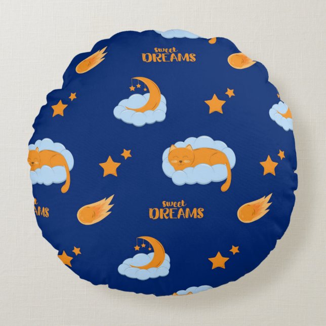 Cute sover katt på ett moln, söta drömmar rund kudde (Framsidan)