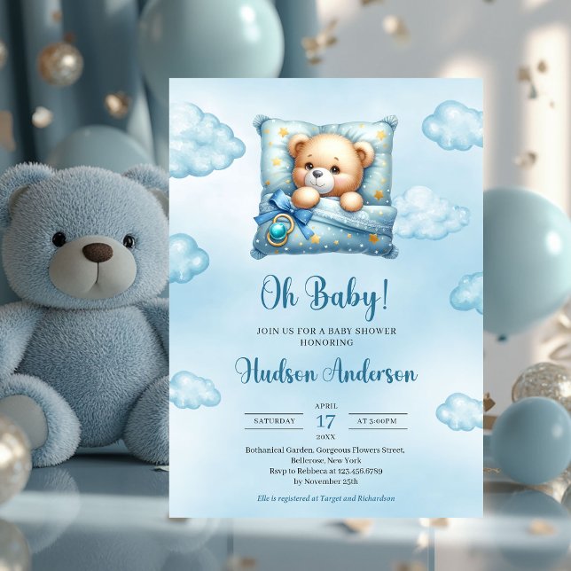 Cute sover nalle blå brun elfenbenspojke inbjudningar (cute sleeping teddy bear - boy baby shower invitation heart shaped font)