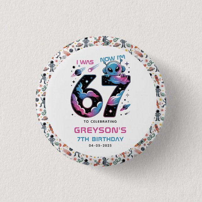 Cute Space 7th Birthday | Six & Seven Year Old Knapp (Framsida)