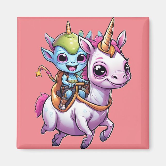 Cute Space Alien rider Unicorn roligt UFO Magnet (Framsidan)