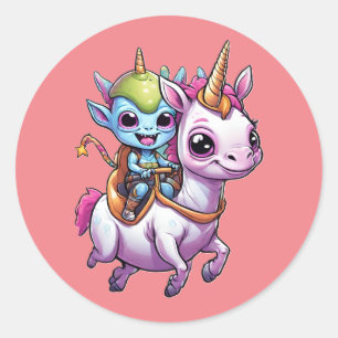 Cute Space Alien rider Unicorn roligt UFO Runt Klistermärke