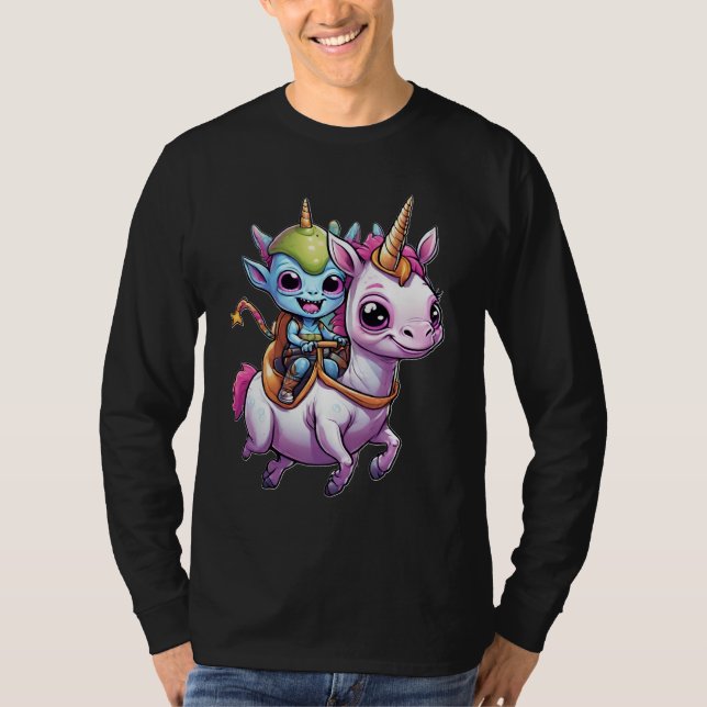 Cute Space Alien rider Unicorn roligt UFO T Shirt (Framsida)