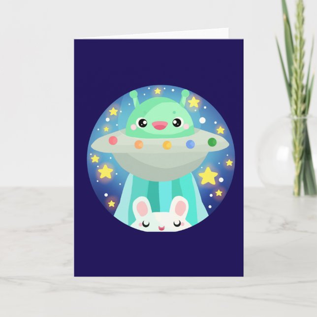 Cute Space Creatand Bunny Rabbit Kort (Framsida)